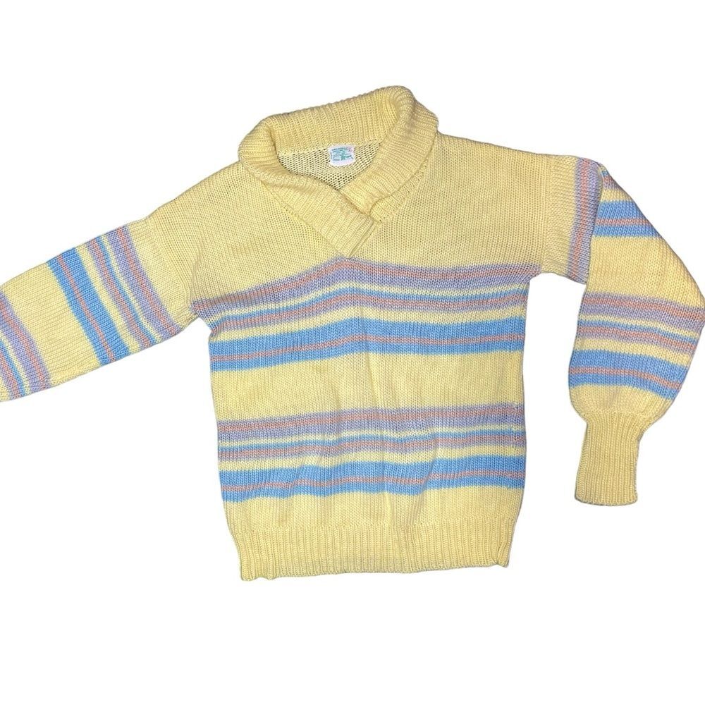 Vintage 1970s v neck striped knit sweater classic retro yellow 60s 70s womens